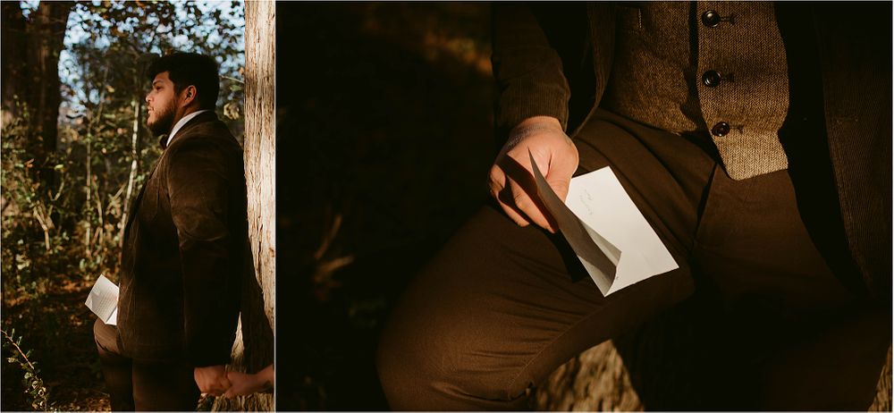 Vintage-styled photography featuring period clothing and handwritten letters in golden forest light.