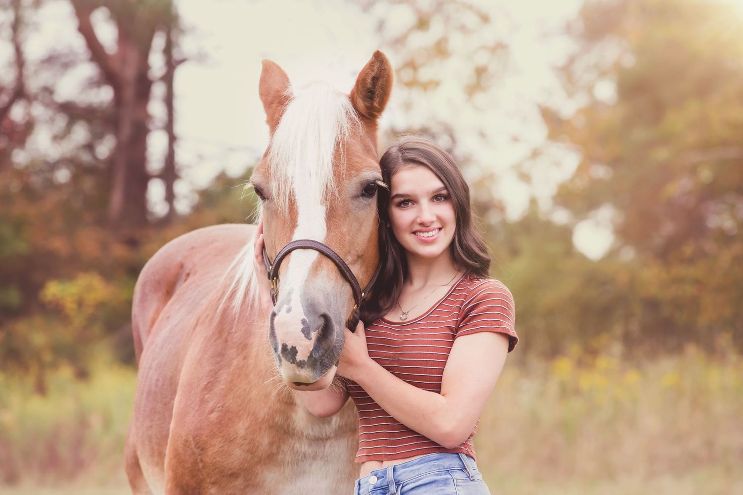 Portrait with a palomino horse in a sunlit autumn field.