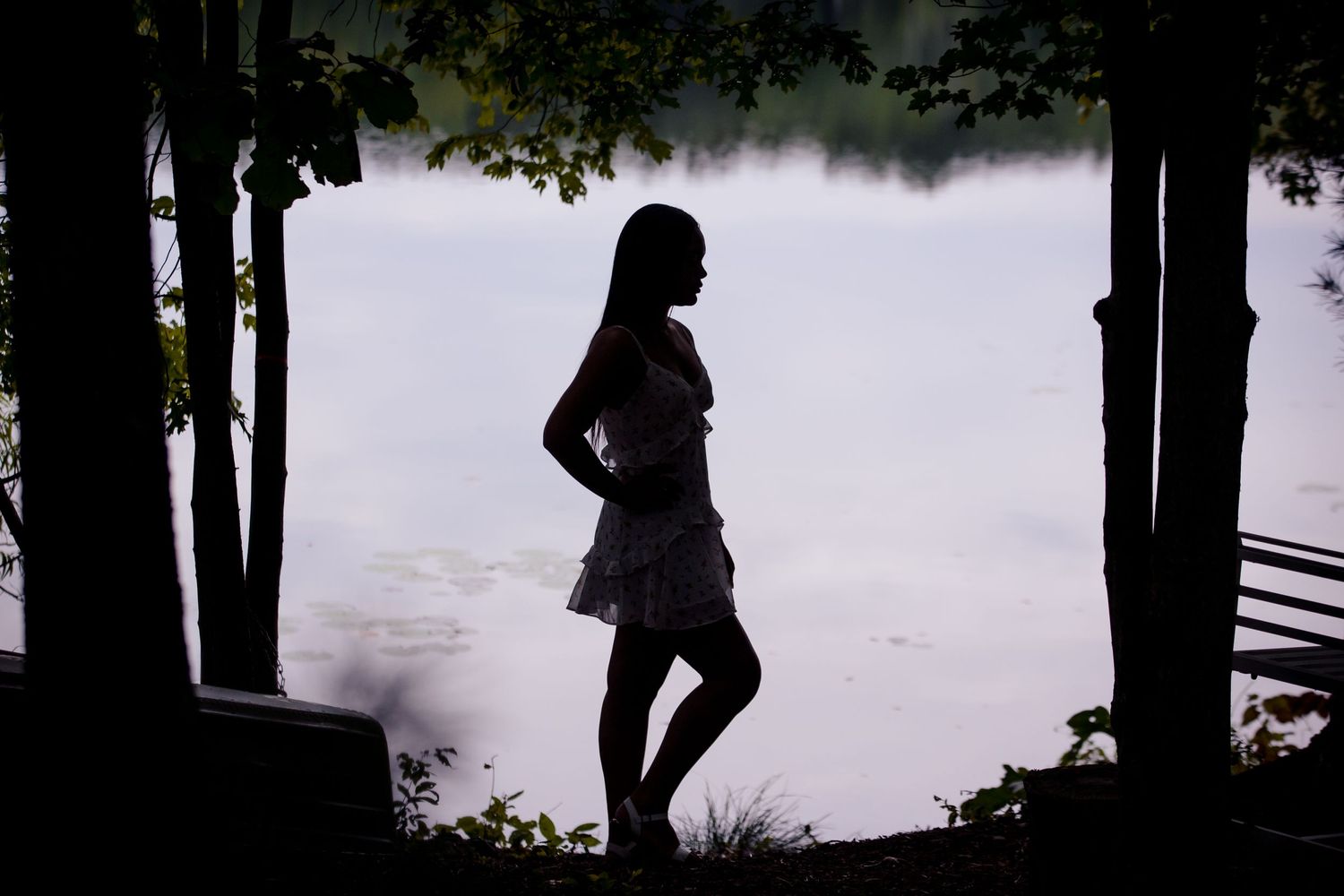 A silhouette of a figure stands near a lake at dusk between trees.