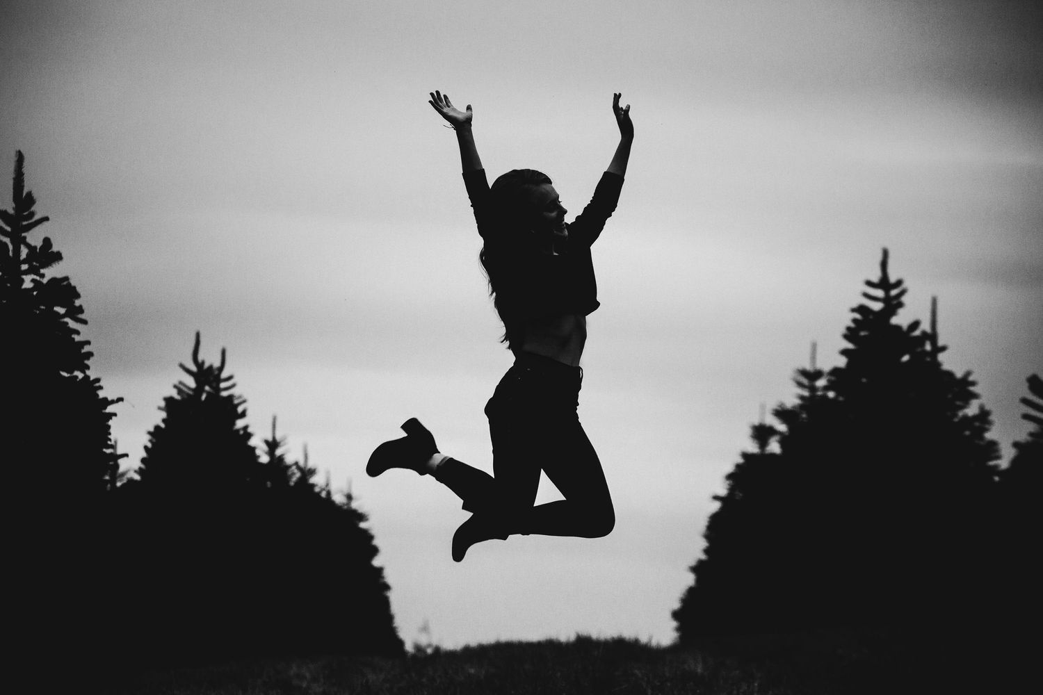 Silhouette of a person jumping joyfully between evergreen trees at dusk.