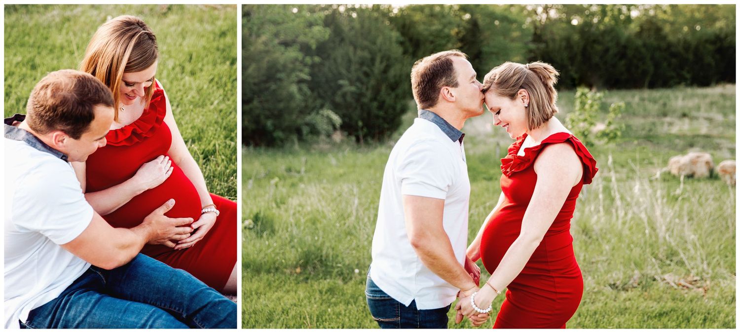 man and woman sit on blanket cradling woman's pregnant belly