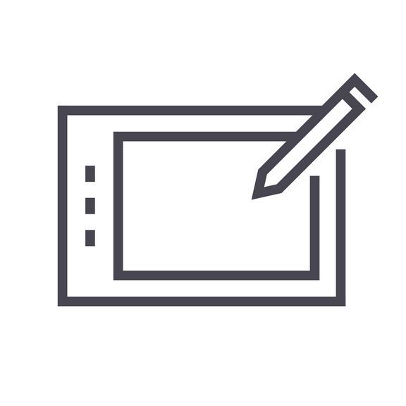Simple line icon of a digital drawing tablet with stylus.