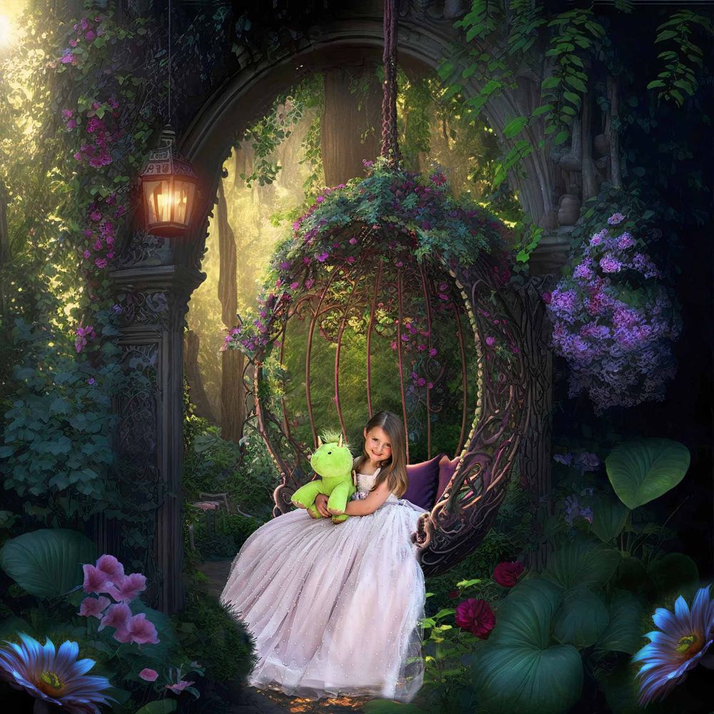 Picture of girl with dinosaur in a fairly like setting