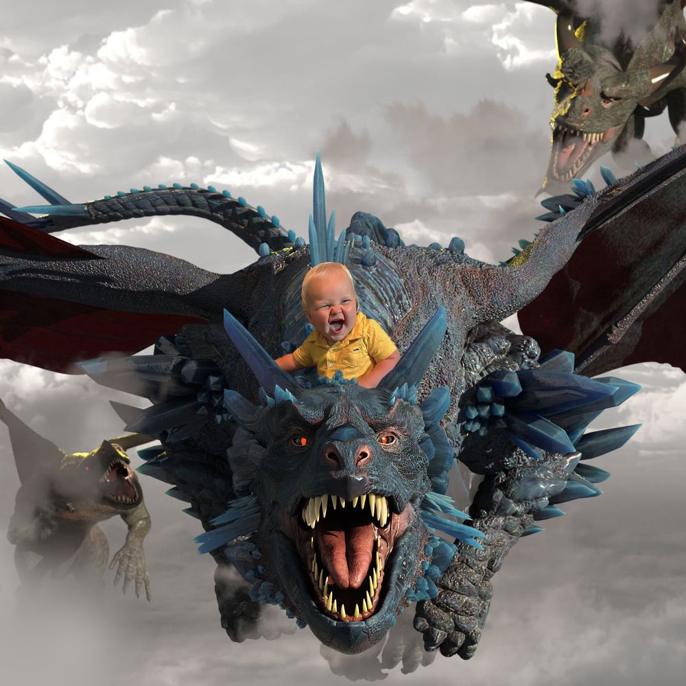 Photo of a boy in Michigan on a flying dinosaur
