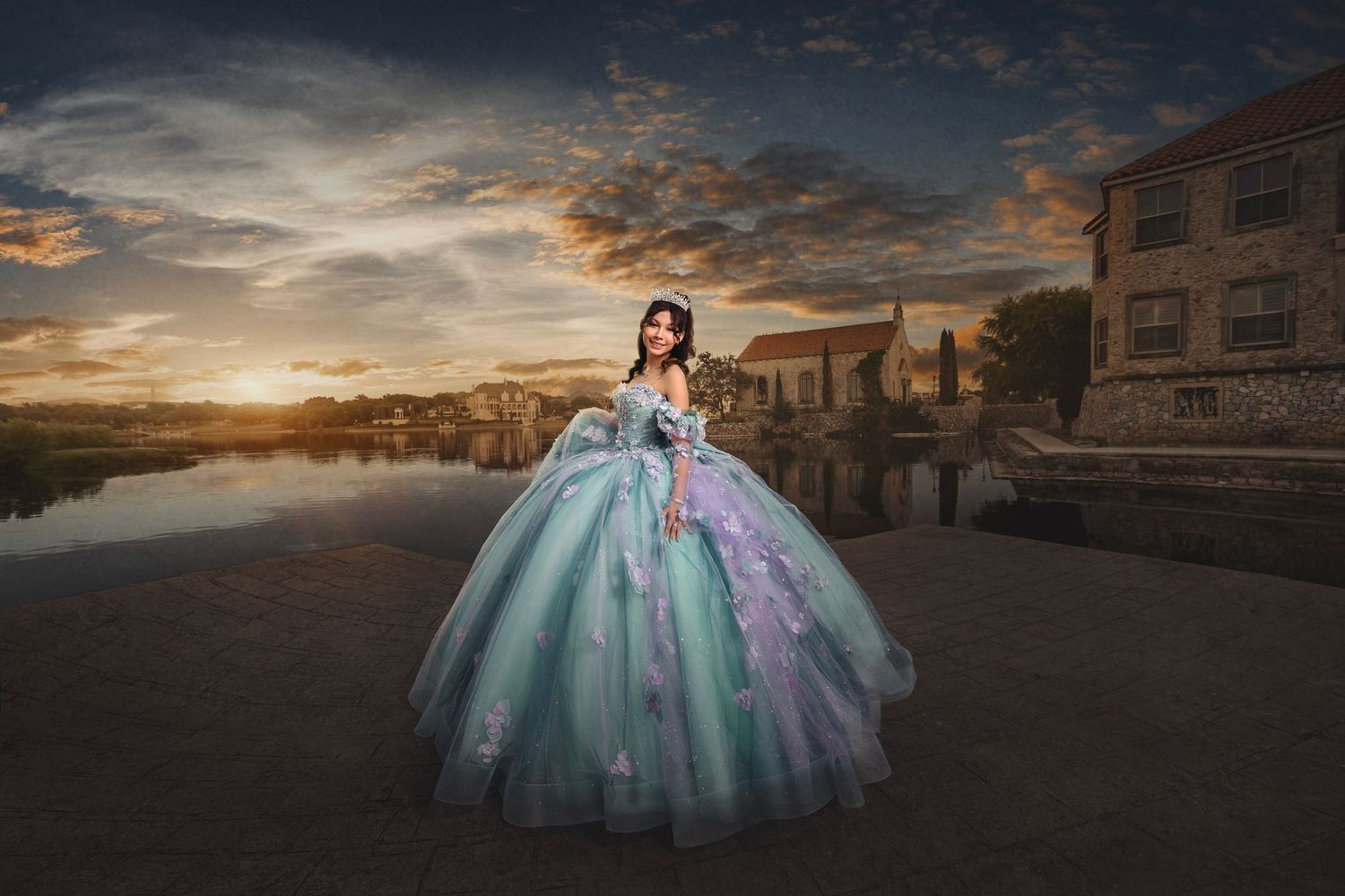 Quinceañera in her beautiful pink and blue quince dresses at the Adriactica Village in McKinney, TX