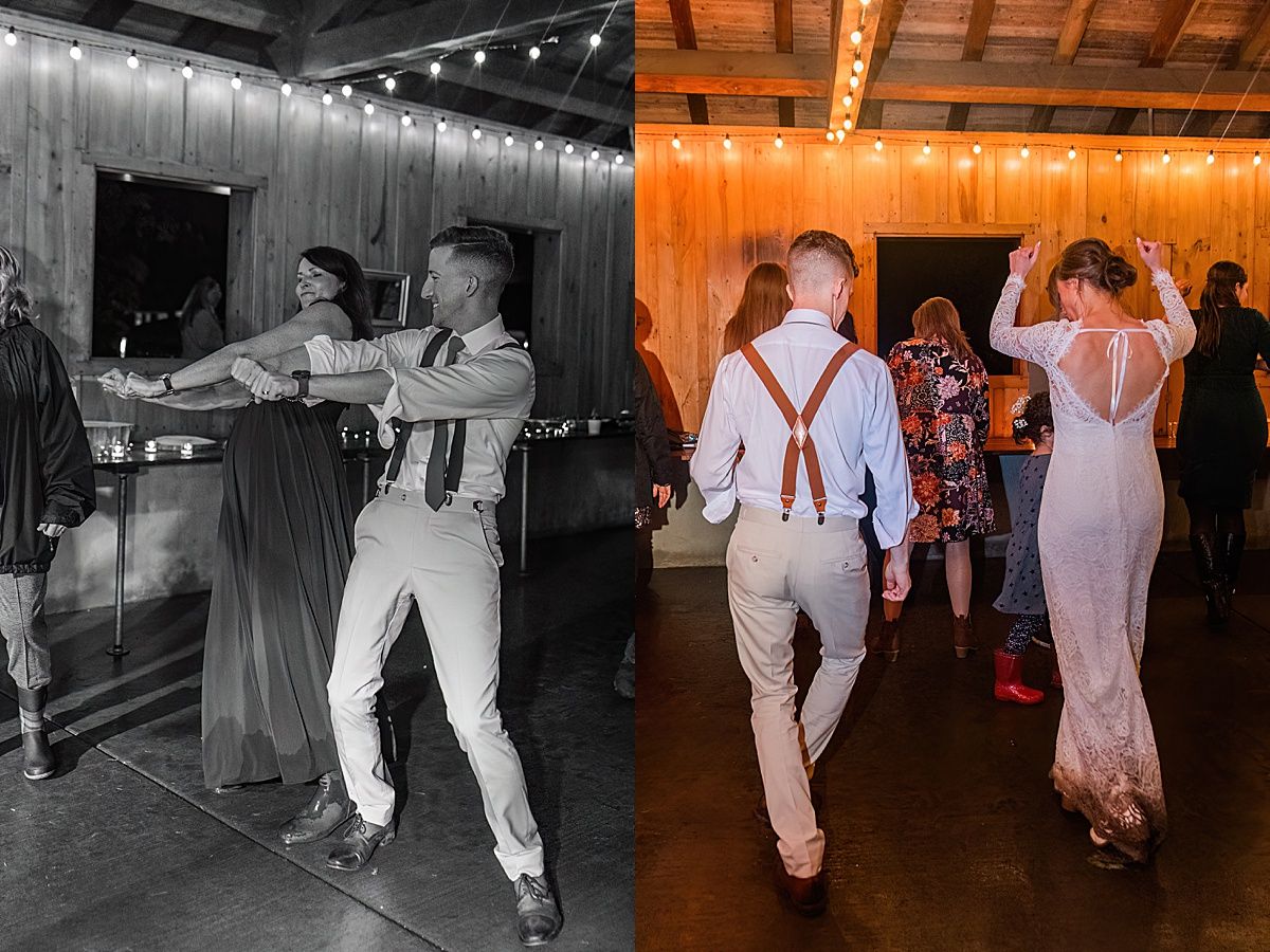 Photos of bride and groom dancing with guests at wedding reception