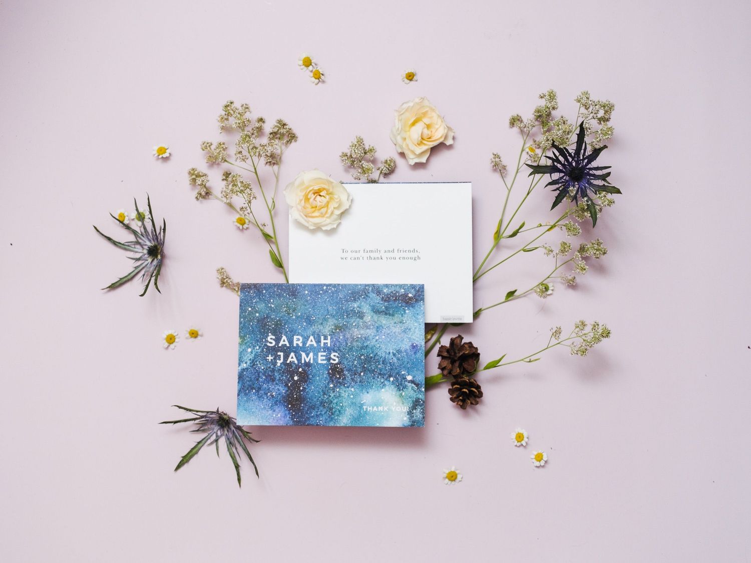 Wedding invitation with blue watercolor design surrounded by dried flowers and air plants on pink background.