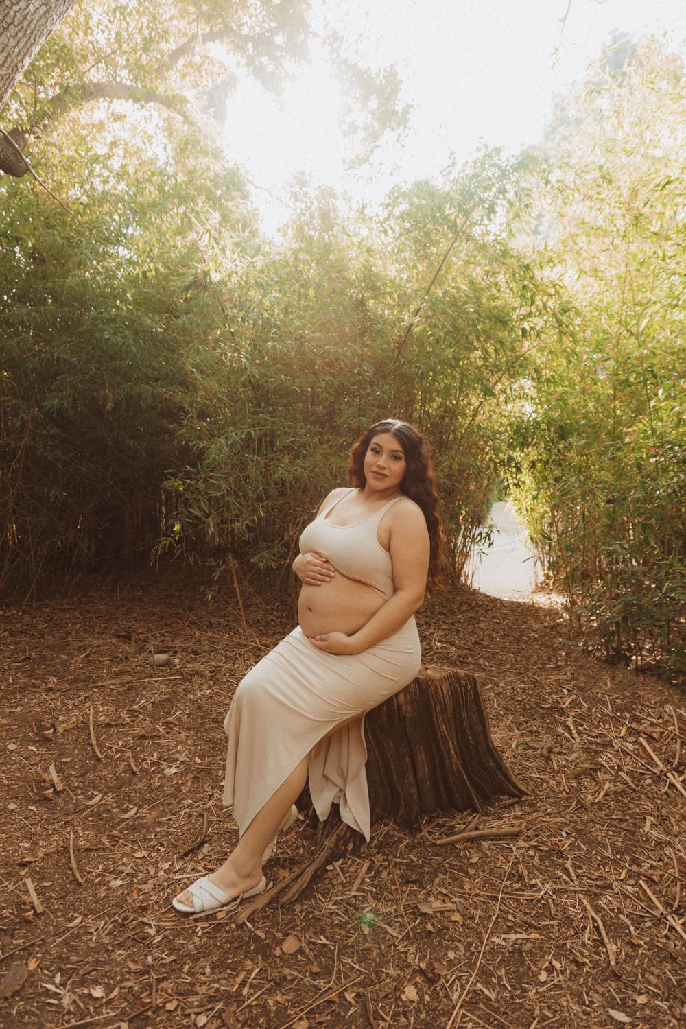 A maternity photo captured in a wooded area with golden sunlight and a cream-colored dress.