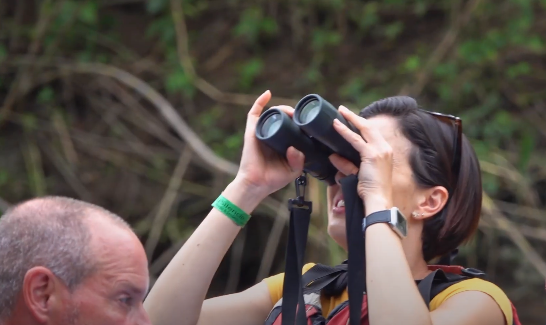 Wildlife enthusiasts use binoculars to observe nature during an outdoor excursion.