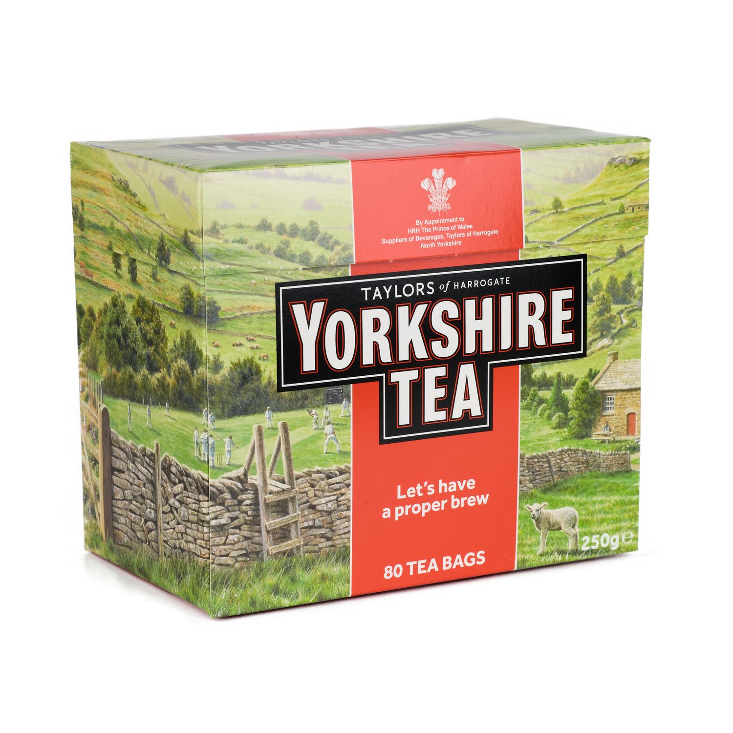 e-Commerce packshot of Yorkshire Tea. 3/4 angle shot on pure white background.