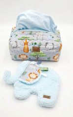 Light blue baby accessories bags with cute animal prints shown from multiple angles.