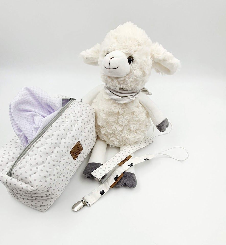White plush lamb toy storage bags with polka dot pattern shown from multiple angles.