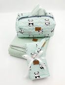 Mint green panda print storage bags shown from different angles on white background.