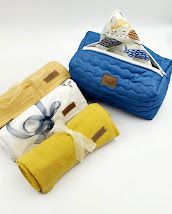 Collection of makeup bags in yellow and blue colors with quilted texture and zipper closures.