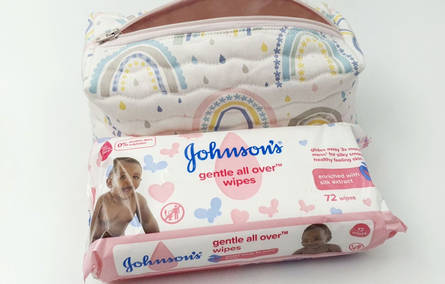 Johnson's baby wipes packages with rainbow pattern design.