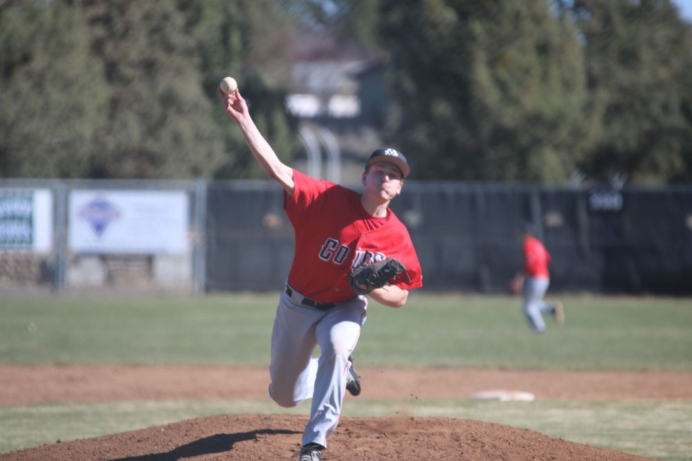 Baseball game action sequence showing pitcher's wind-up and delivery on field.
