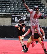 Sports action shots showing players competing in a stadium setting with empty seats visible.