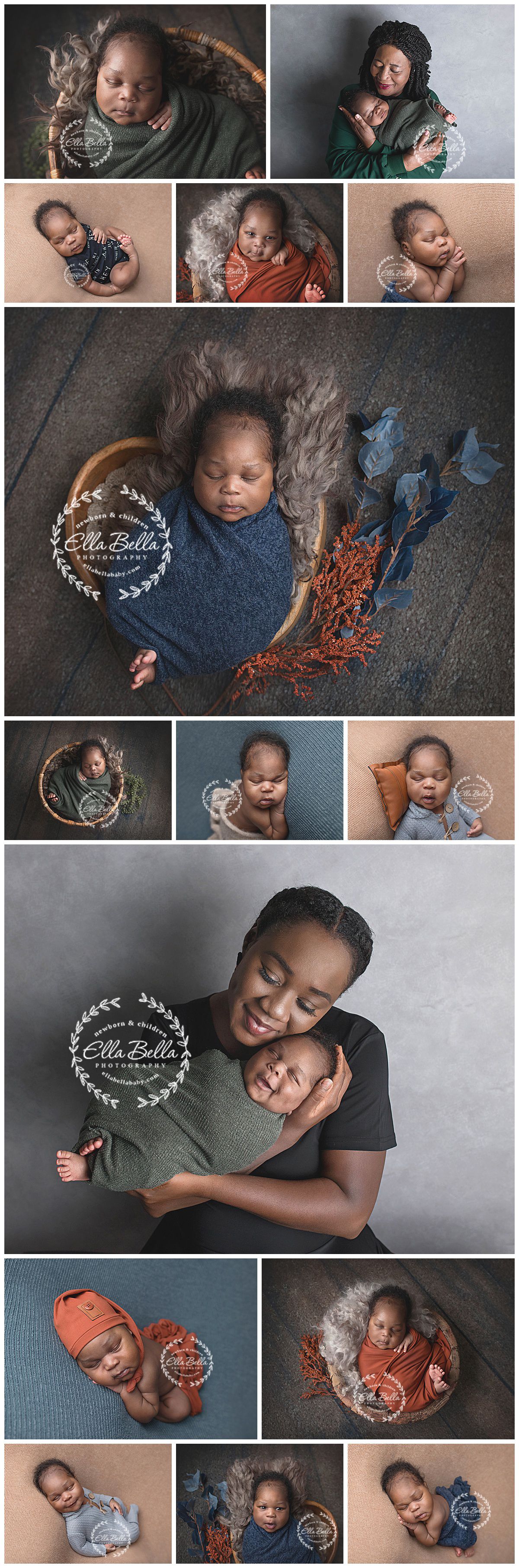 Professional newborn photography collection featuring cozy wraps and natural poses in earth tones.