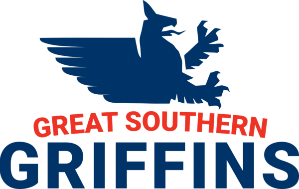 Great Southern Griffins logo featuring a stylized blue griffin mascot with red text below.