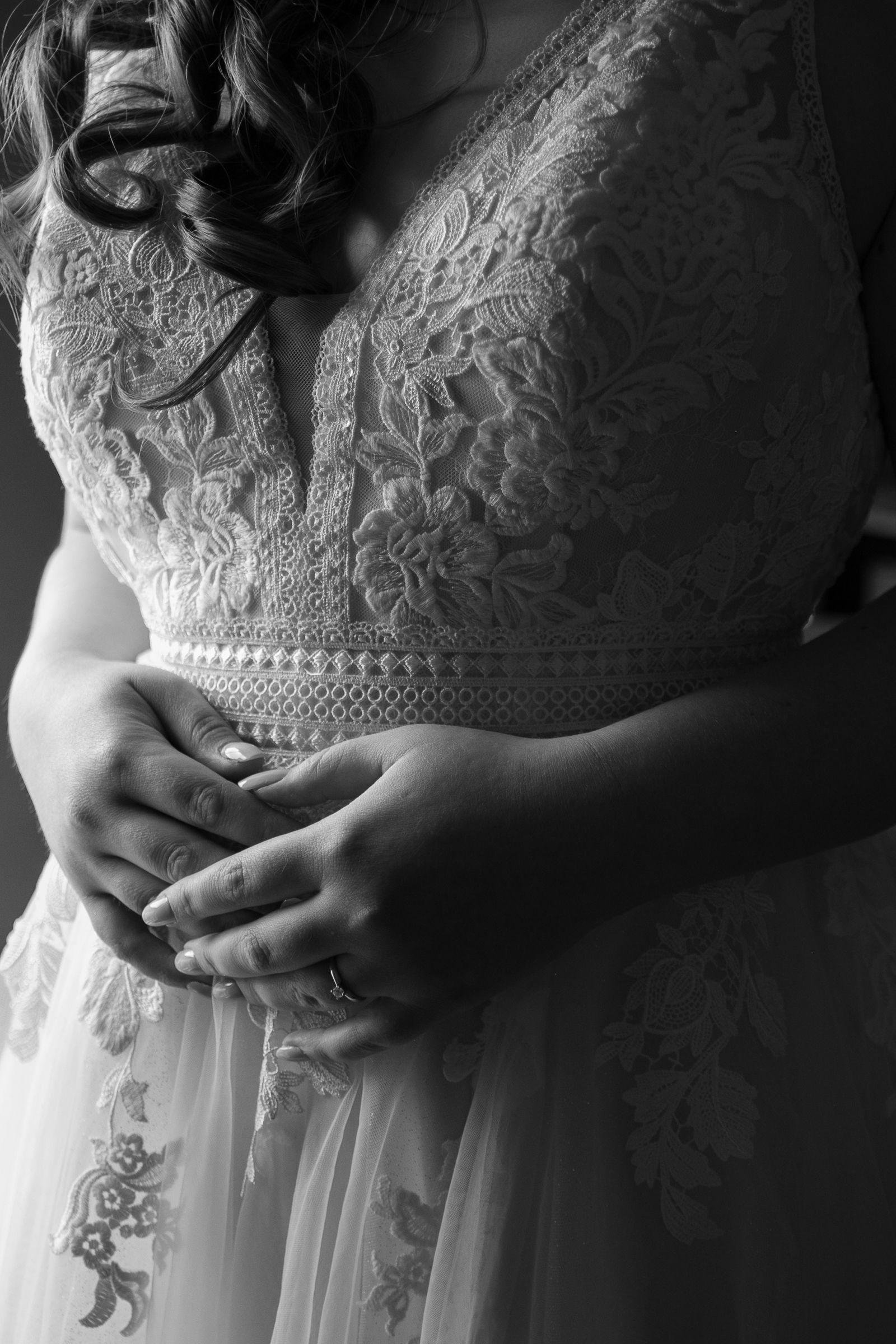 b&w wedding dress detail photo portraits engagement ring