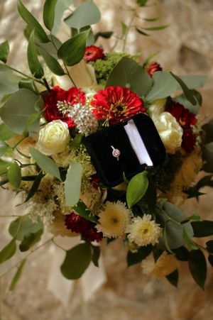 wedding ring ring box florals natural light detail red white botanical wedding day details preparation Sheraton erie