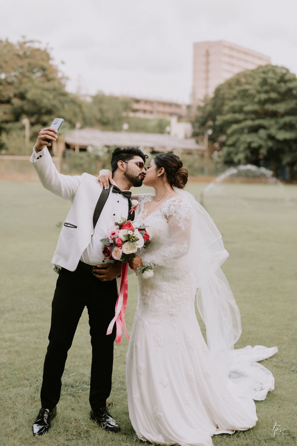 Candid wedding photography sequence showing couple's dance moves on grass.