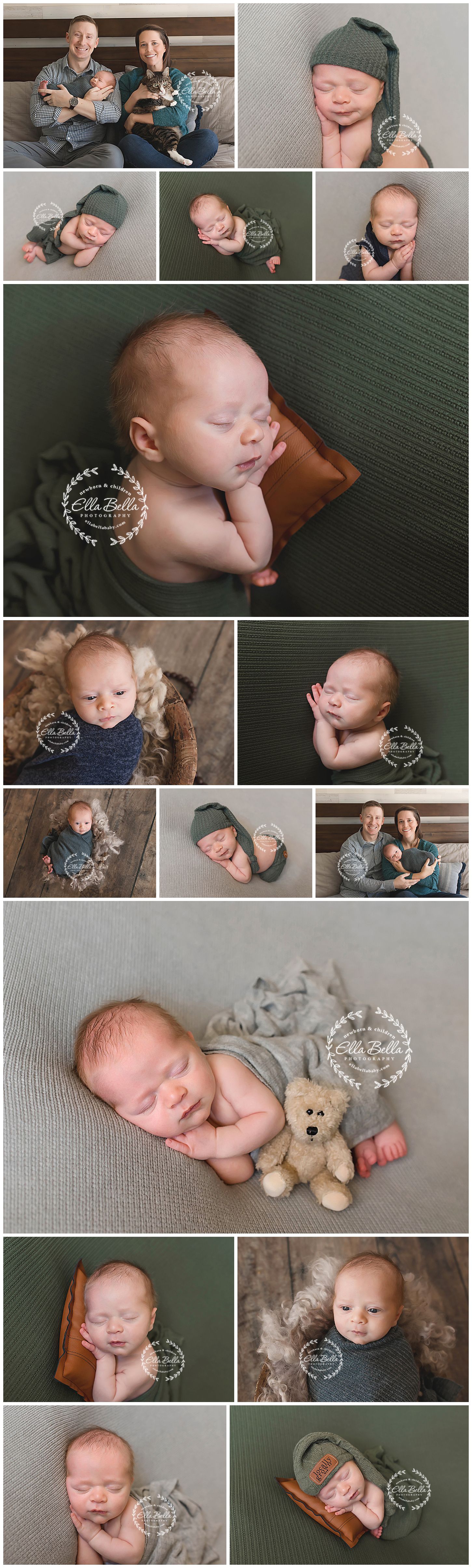 Professional newborn photo session collage with family portraits and various posed shots.
