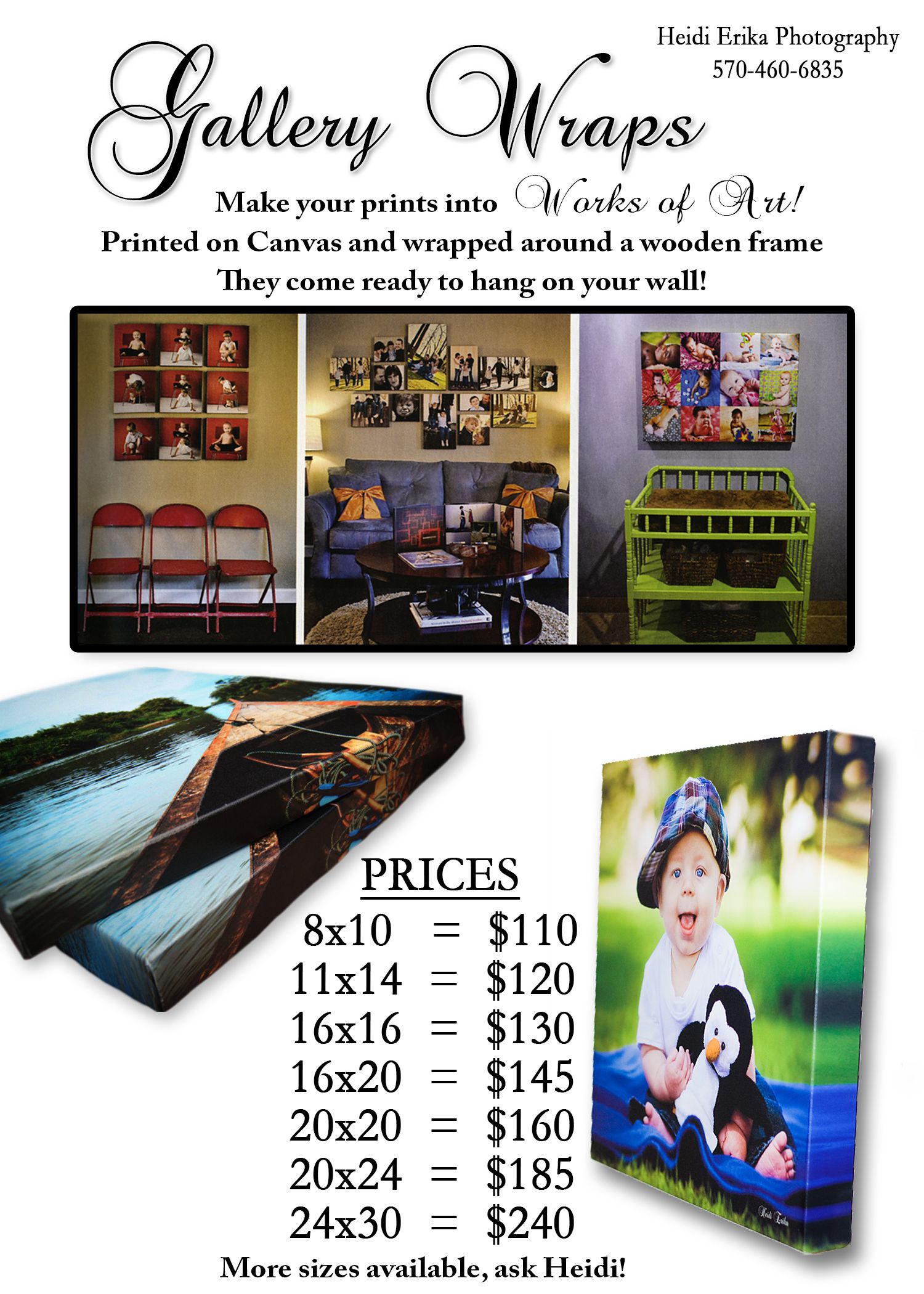 Gallery wrap canvas prints price list and examples displayed on various colored walls.