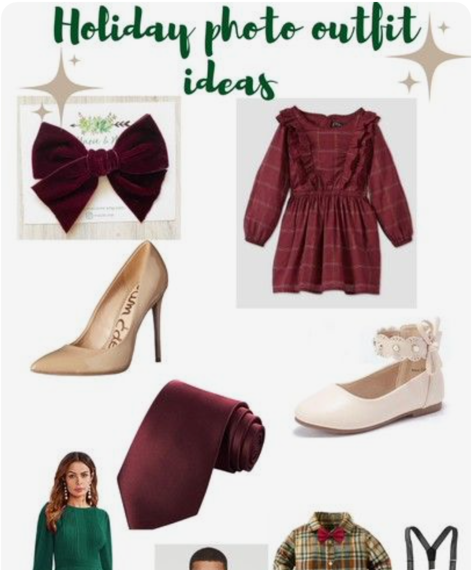 Holiday photo outfit suggestions featuring burgundy dresses and coordinating accessories.