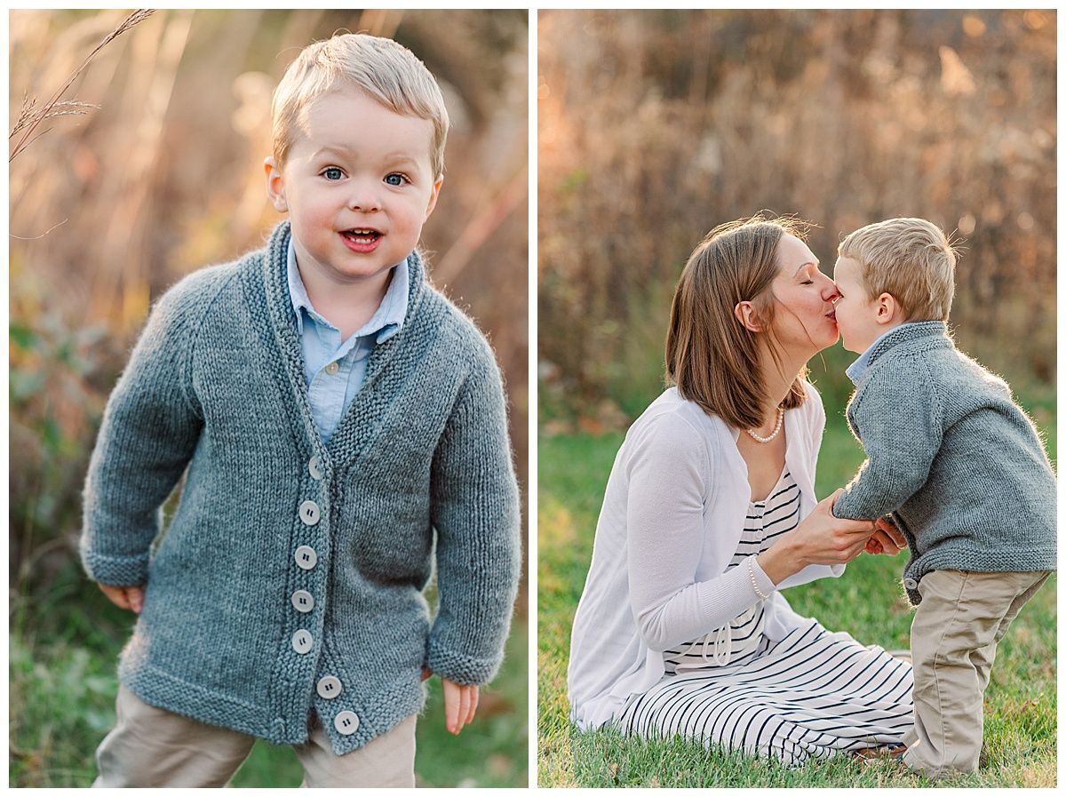 Photo of mother kissing toddler son in park and young boy looking at camera Starkey Zionsville Indiana