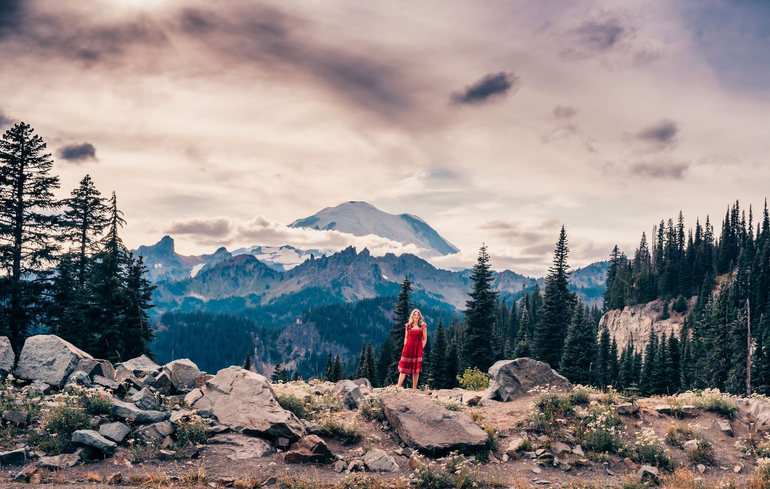 Senior session with a beautiful girl at Tipsoo Lake in Mt. Rainier National Park, Washington.