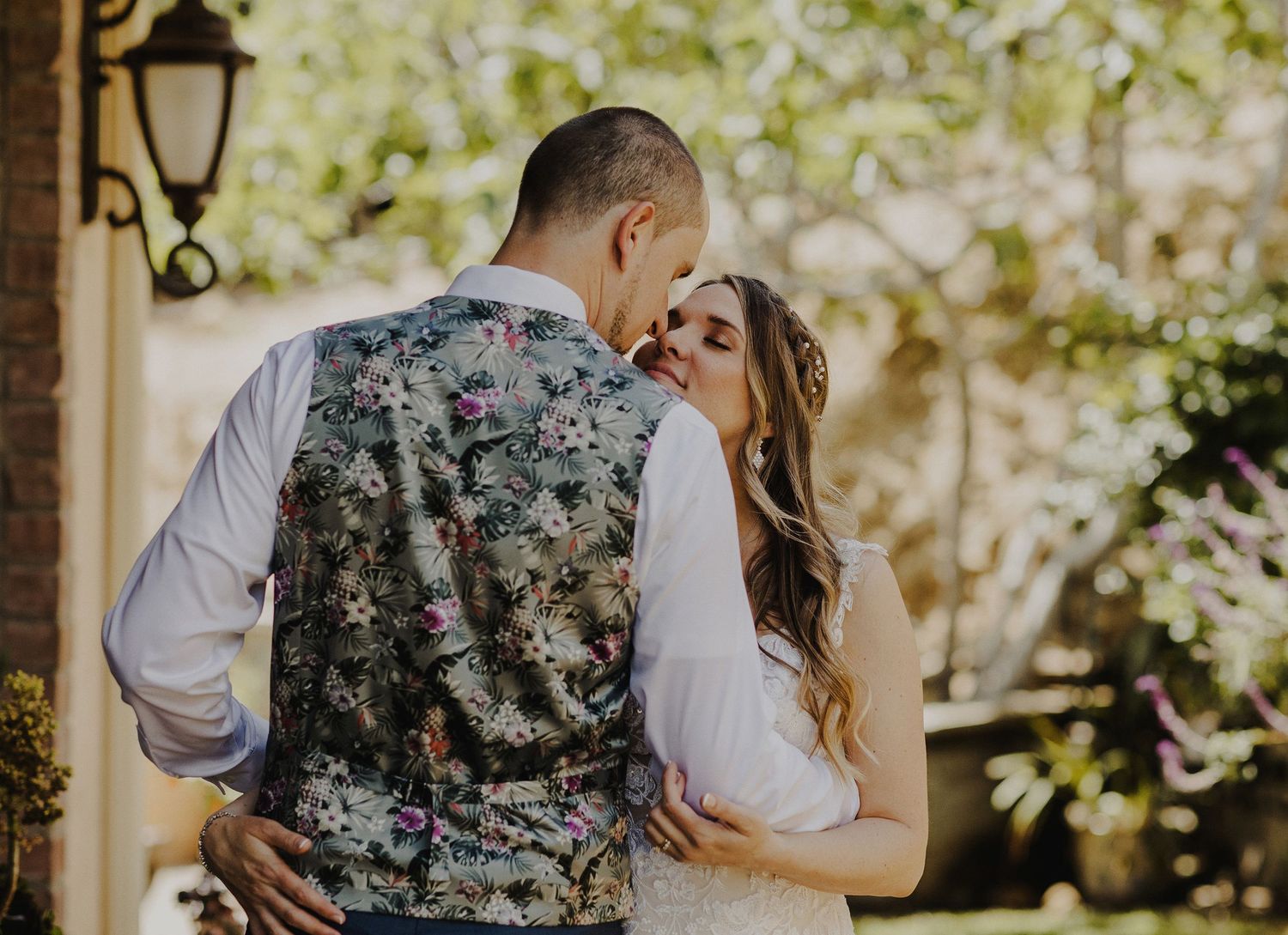 E Noelle Photography in-home wedding in Hidden Hills Los Angeles, groom patterned vest