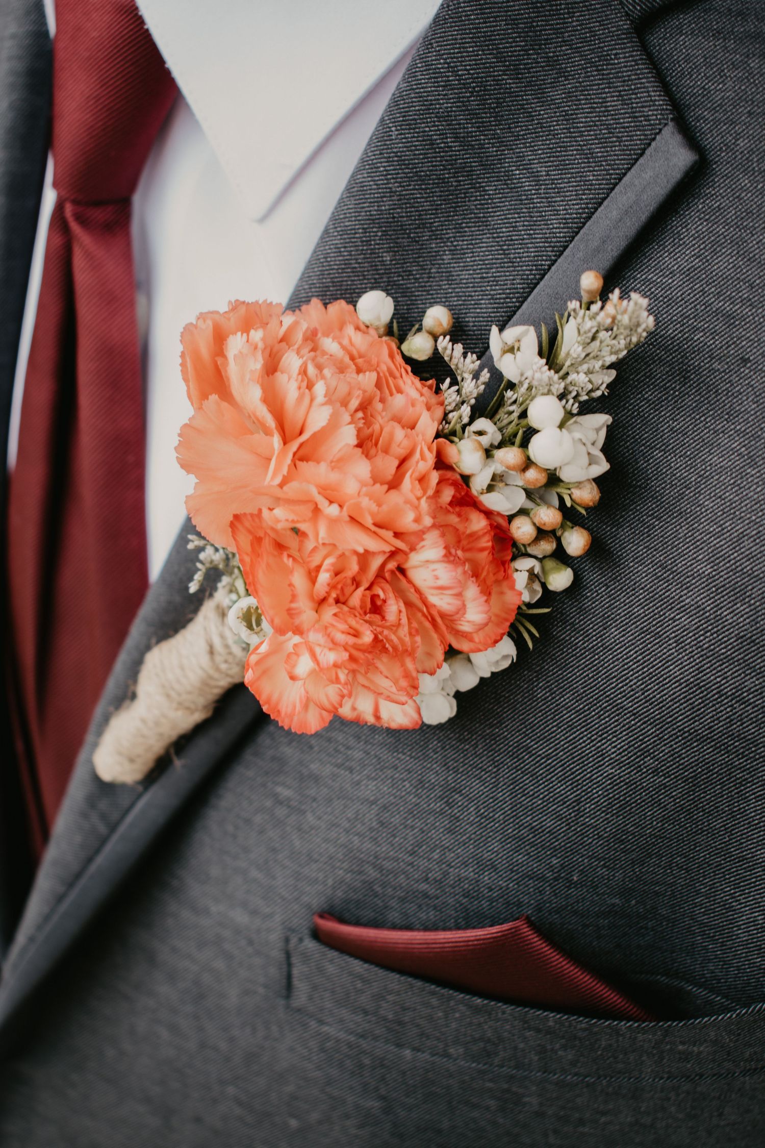close up of wedding boutonniere