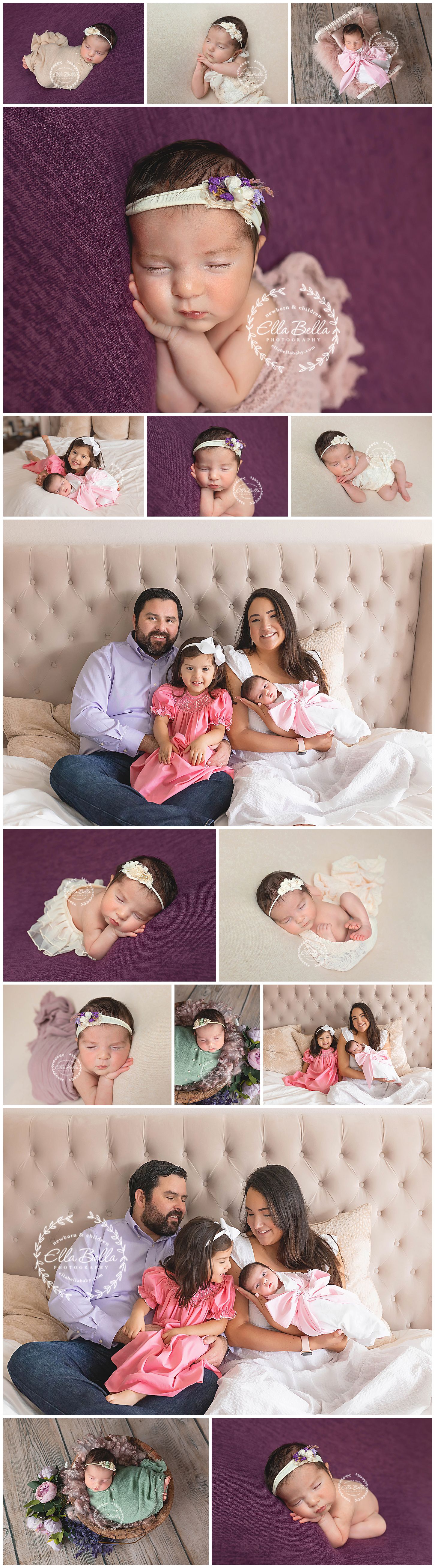 Newborn photography session featuring family portraits and artistic baby poses in pink and purple tones.