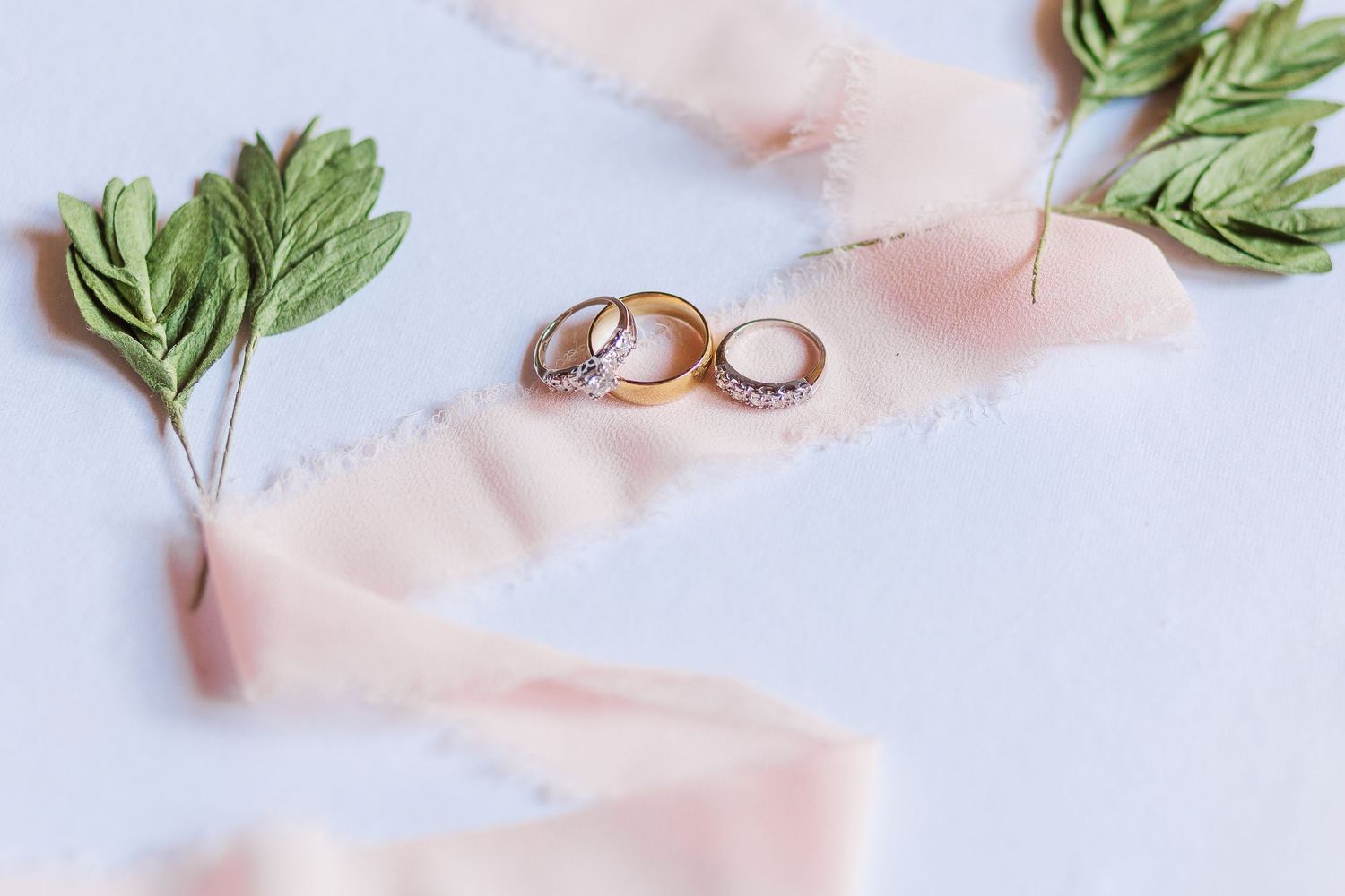 Wedding rings displayed with delicate pink ribbon and green leaves on light background.