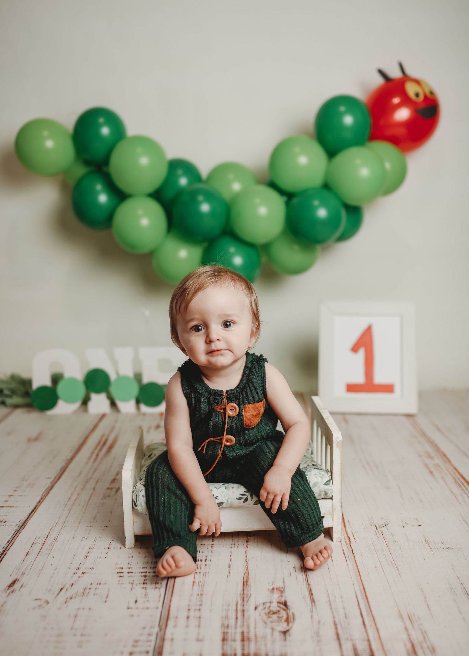 Baby milestone photoshoot with green balloon garland and number one decoration.