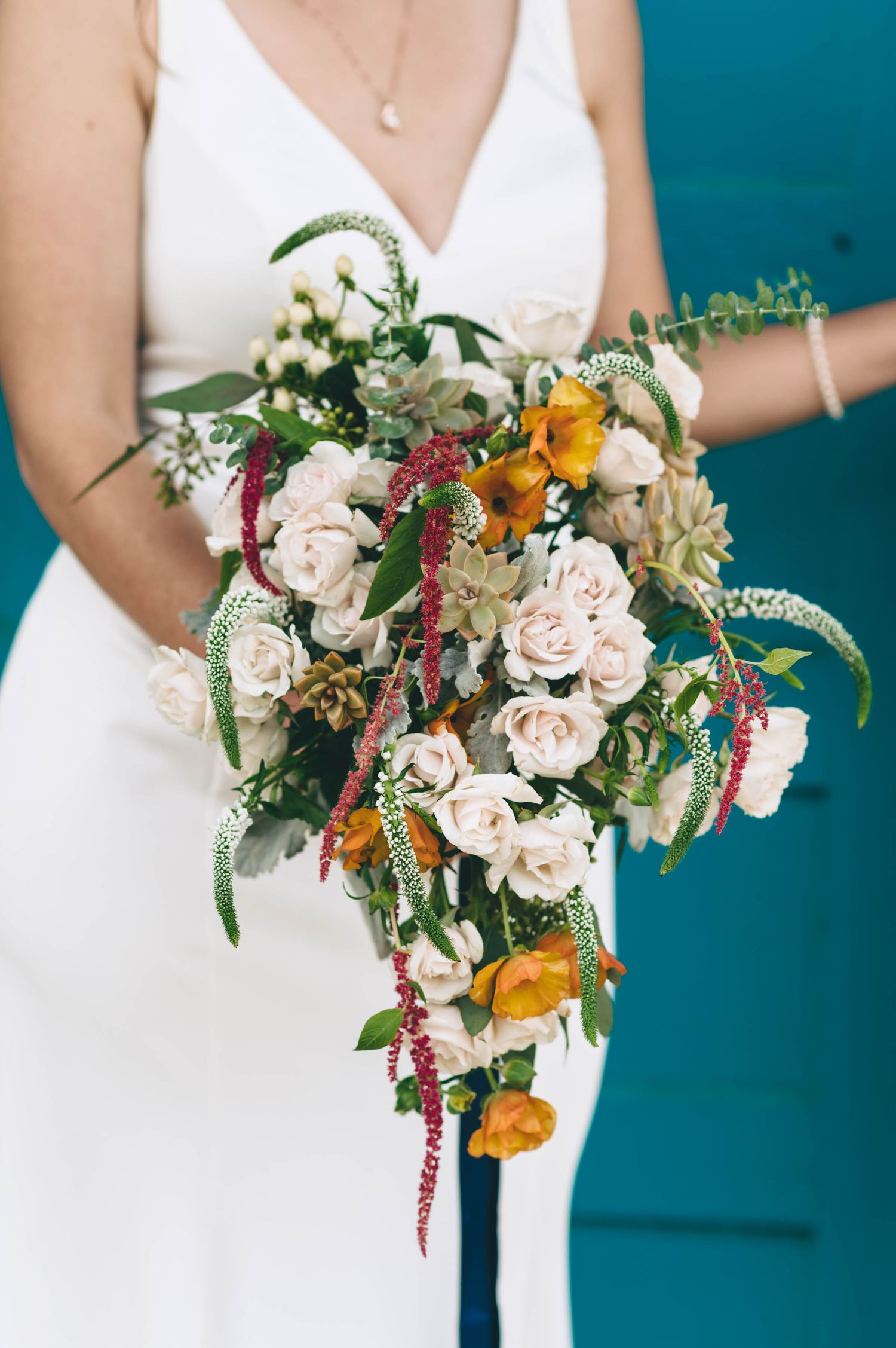 Romantic florals in bridal bouquet.