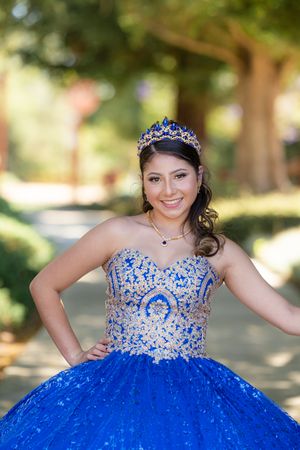 Stunning quinceañera dress in royal blue with crystal embellishments and a sparkling tiara for a special celebration.