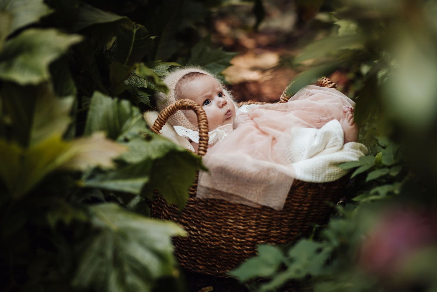 Baby in white dress rests peacefully in woven basket surrounded by green foliage.