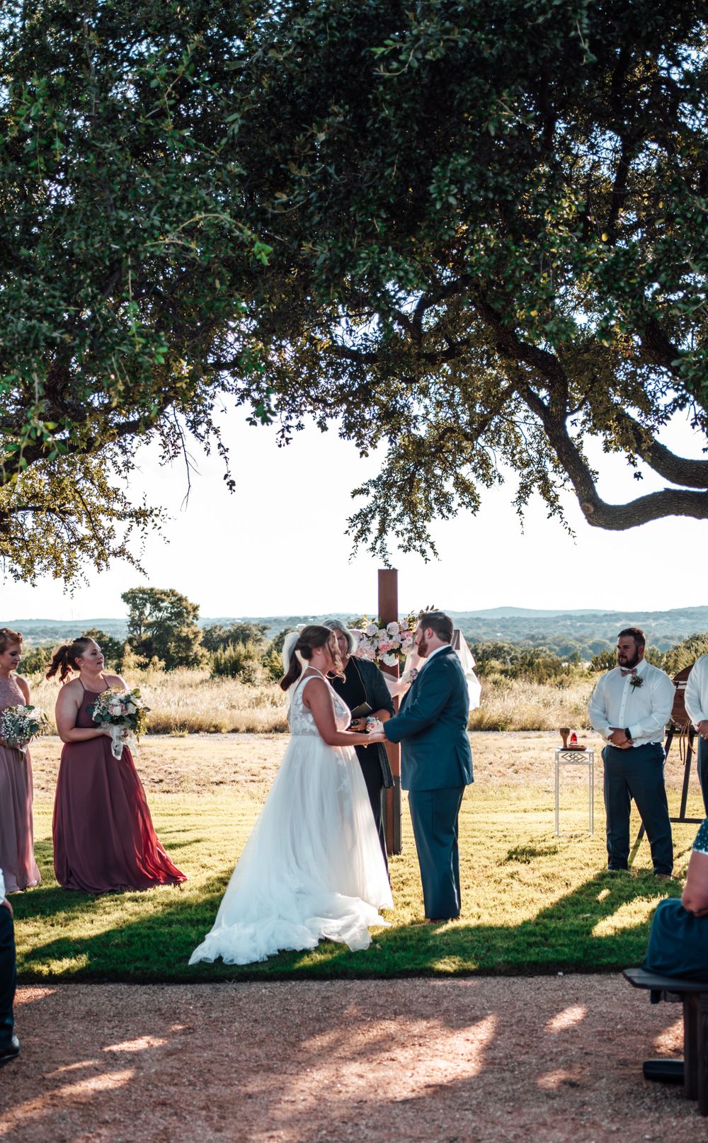 Wedding ceremony takes place beneath a majestic oak tree with guests gathered on a hilltop.