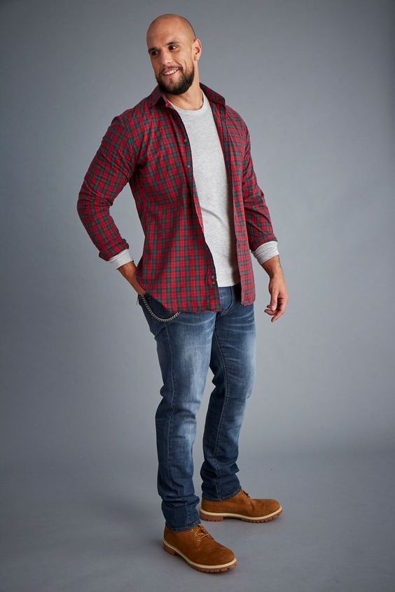 Casual men's style with red plaid button-down shirt layered over white tee and jeans.