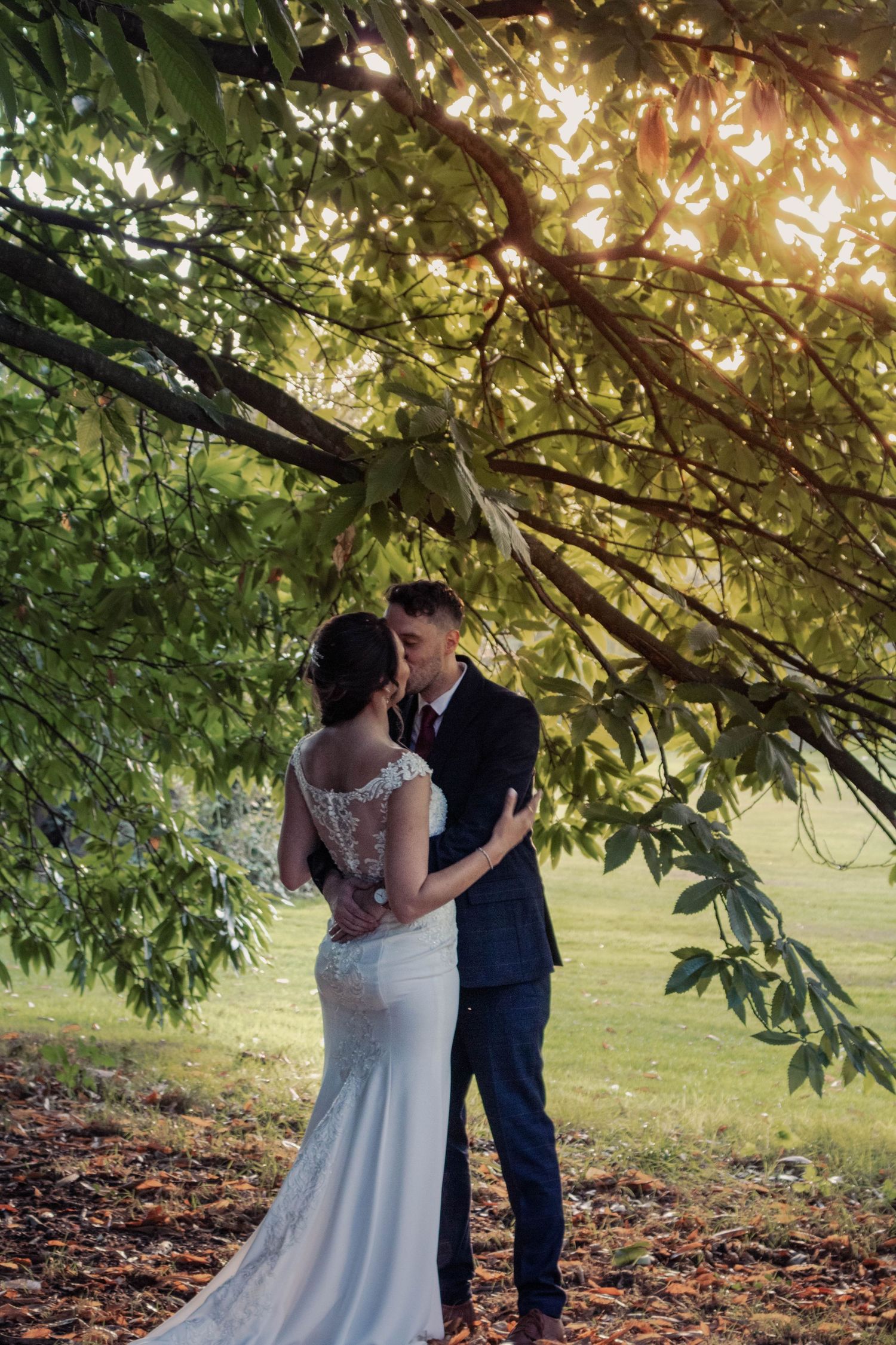 A romantic wedding portrait beneath a tree canopy with golden sunlight filtering through the leaves.