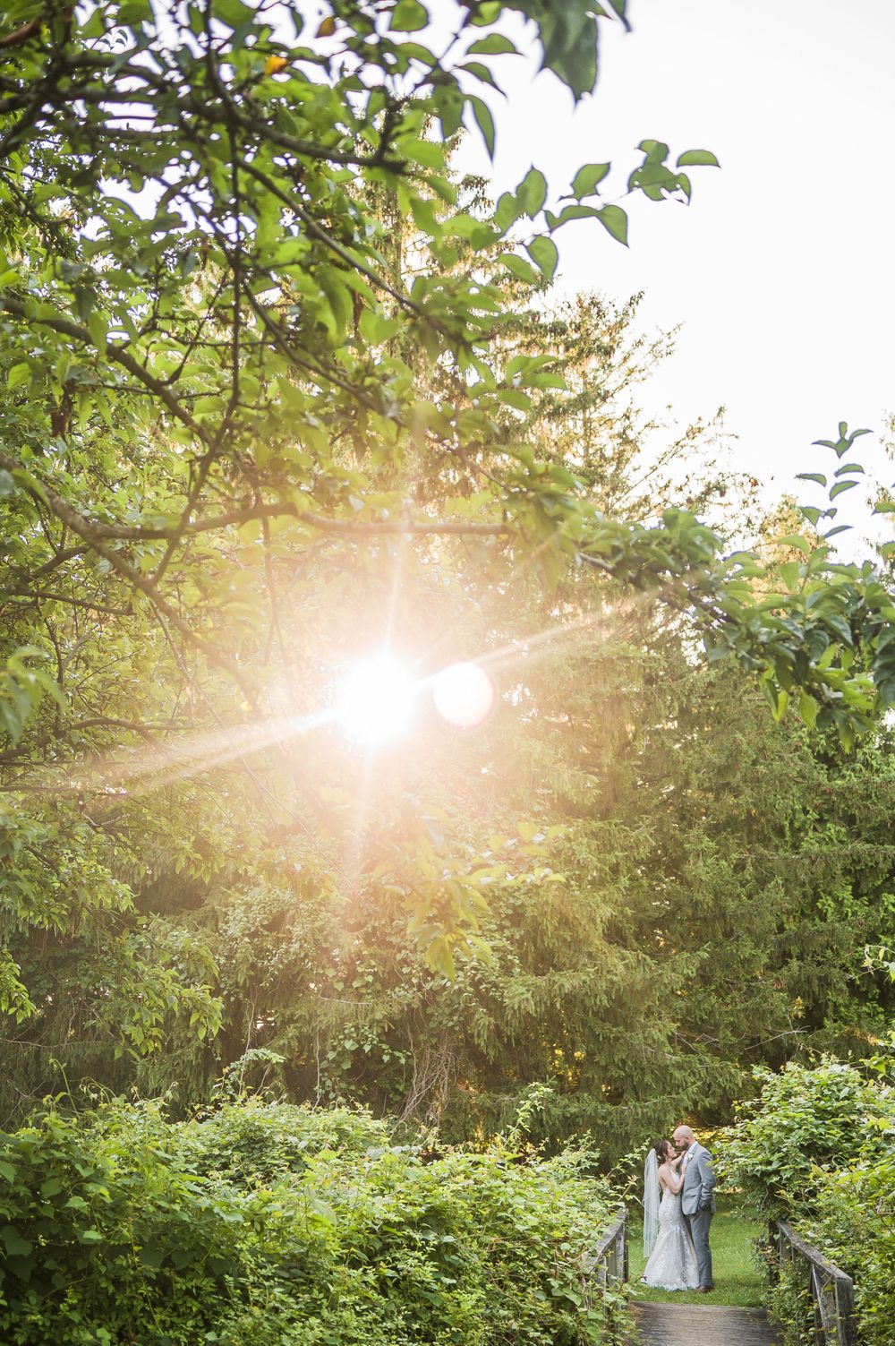 Newlyweds walk amidst trees, sun peeking through. Luxury wedding at Flowerfield Celebrations.