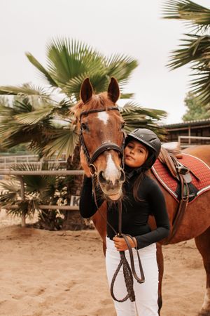 Brown horse with western saddle and bridle stands in desert setting with palm trees.