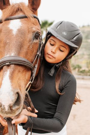 Close-up of chestnut horse wearing bridle and tack in sandy arena.