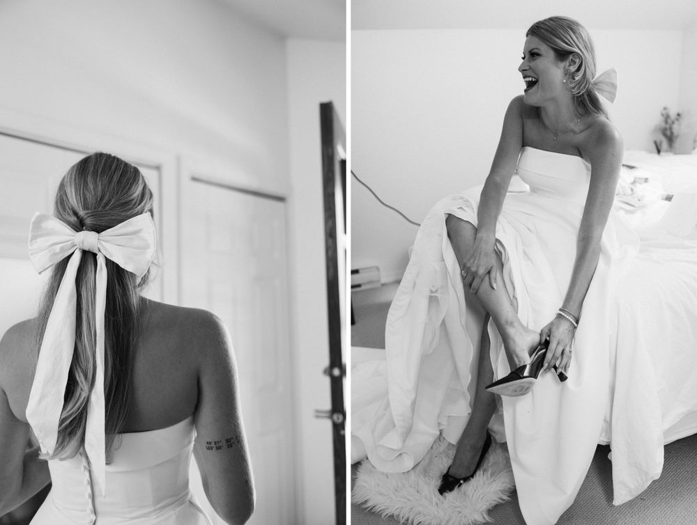Black and white wedding photography of Emery getting ready in the loft