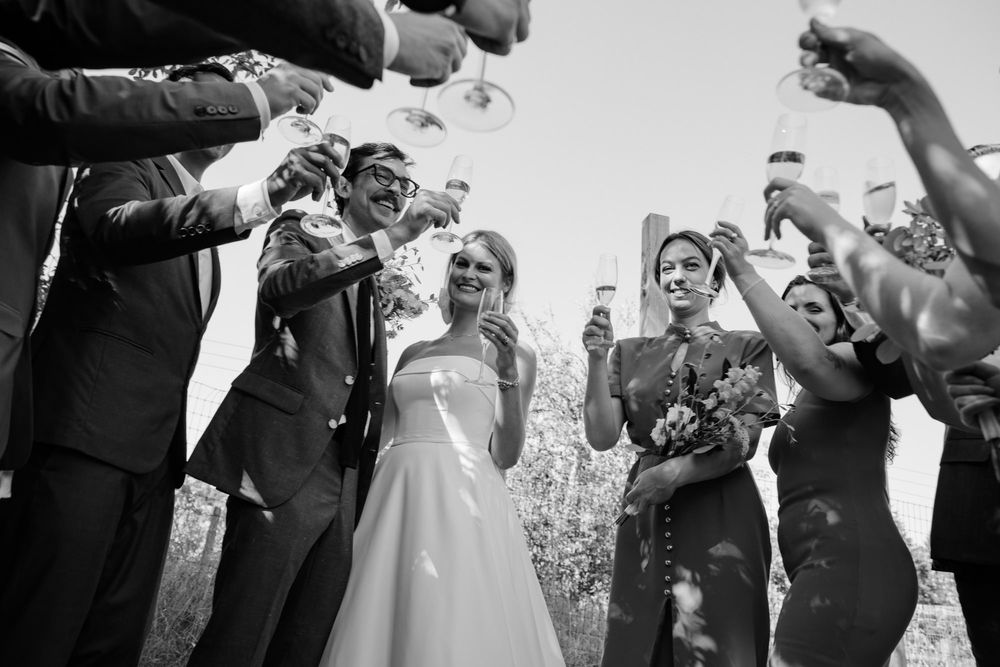 Guests say cheers in a wedding portrait session after the ceremony