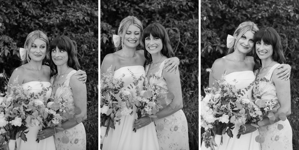Emery and a friend smile on her wedding day