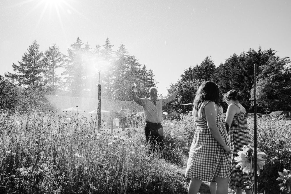 Wedding guests cooled off in the sprinklers