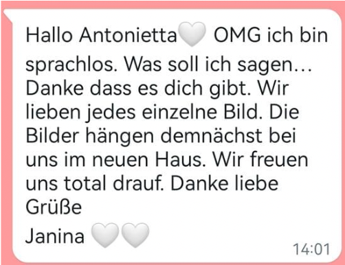 Screenshot of German text message expressing gratitude for photos and future home decorating plans.